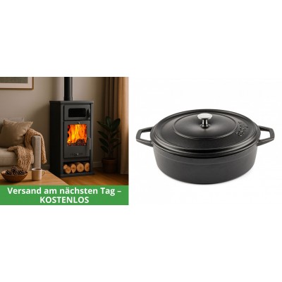 Set Kaminofen, Holzofen mit Backfach Balkan Energy, Modell Troy, Leistung 7.8kW + Gusseisen Topf Flach Solagio, Black Onyx, Ф28 - Kaminofen - Holzofen mit Backfach
