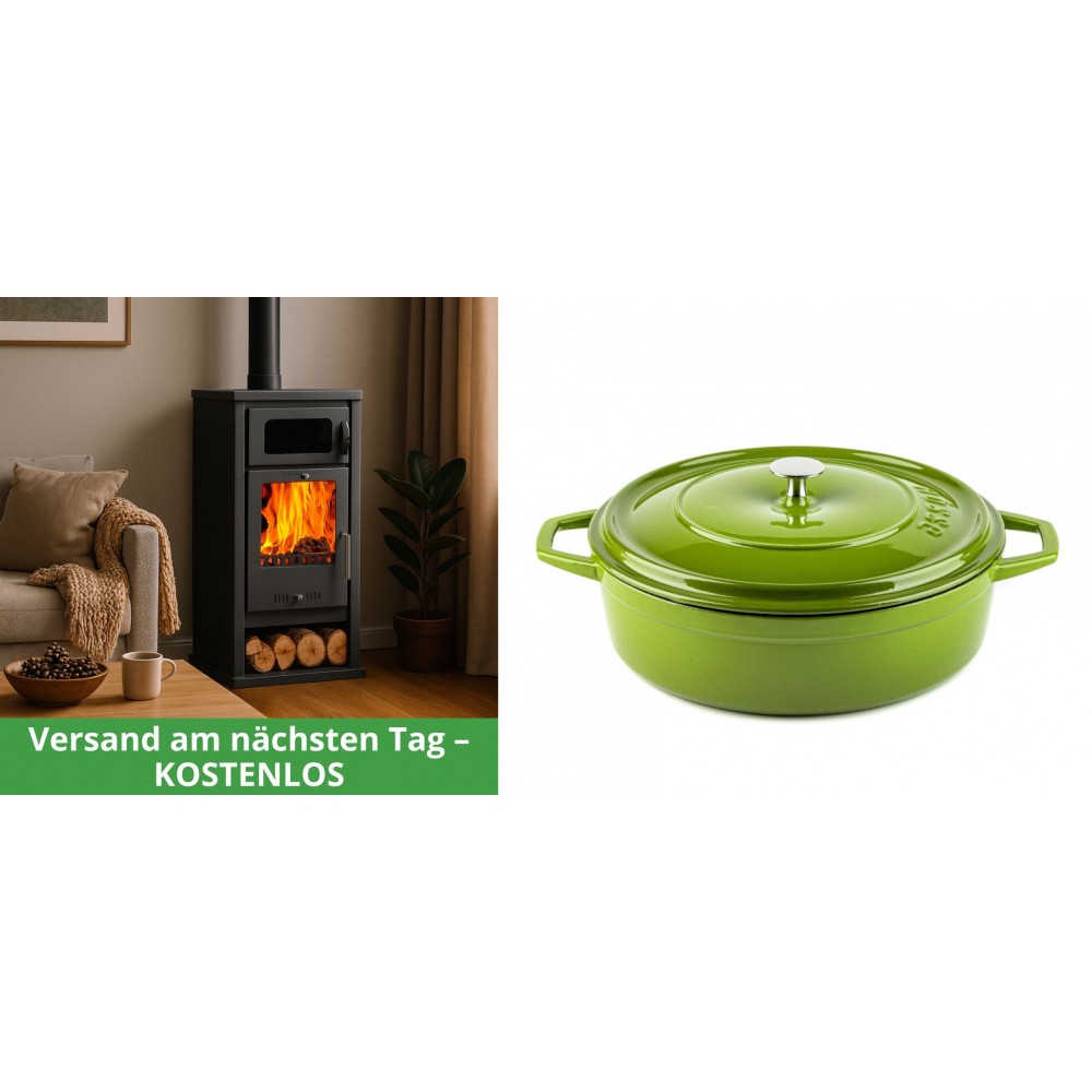 Set Kaminofen, Holzofen mit Backfach Balkan Energy, Modell Troy, Leistung 7.8kW + Gusseisen Topf Flach Solagio, Bamboo, Ф28 | Holzofen | Kaminofen |