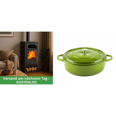 Set Kaminofen, Holzofen mit Backfach Balkan Energy, Modell Troy, Leistung 7.8kW + Gusseisen Topf Flach Solagio, Bamboo, Ф28 - Kaminofen - Holzofen mit Backfach