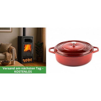 Set Kaminofen, Holzofen mit Backfach Balkan Energy, Modell Troy, Leistung 7.8kW + Gusseisen Topf Flach Solagio, Rubin, Ф28 - Kaminofen - Holzofen mit Backfach