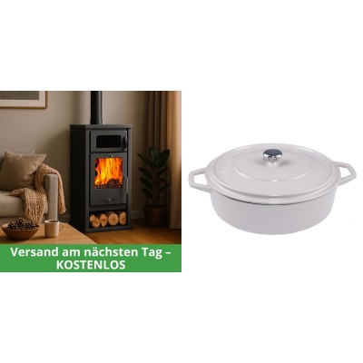 Set Kaminofen, Holzofen mit Backfach Balkan Energy, Modell Troy, Leistung 7.8kW + Gusseisen Topf Flach Solagio, Ivory, Ф28 - Kaminofen - Holzofen mit Backfach