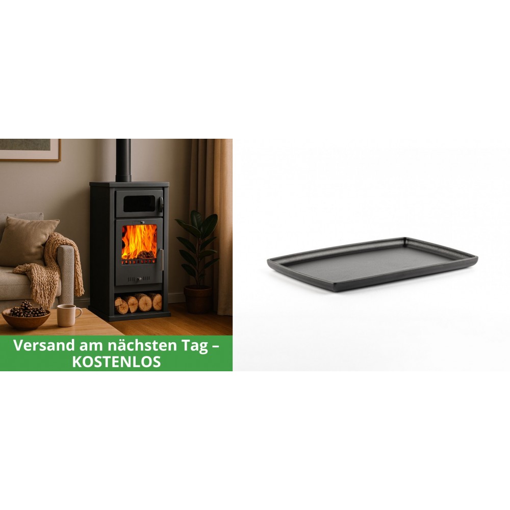 Set Kaminofen, Holzofen mit Backfach Balkan Energy, Modell Troy, Leistung 7.8kW + Rechteckige Servierplatte aus Gusseisen Solagio, 21x31cm | Holzofen | Kaminofen |