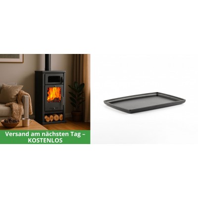 Set Kaminofen, Holzofen mit Backfach Balkan Energy, Modell Troy, Leistung 7.8kW + Rechteckige Servierplatte aus Gusseisen Solagio, 21x31cm - Kaminofen - Holzofen mit Backfach