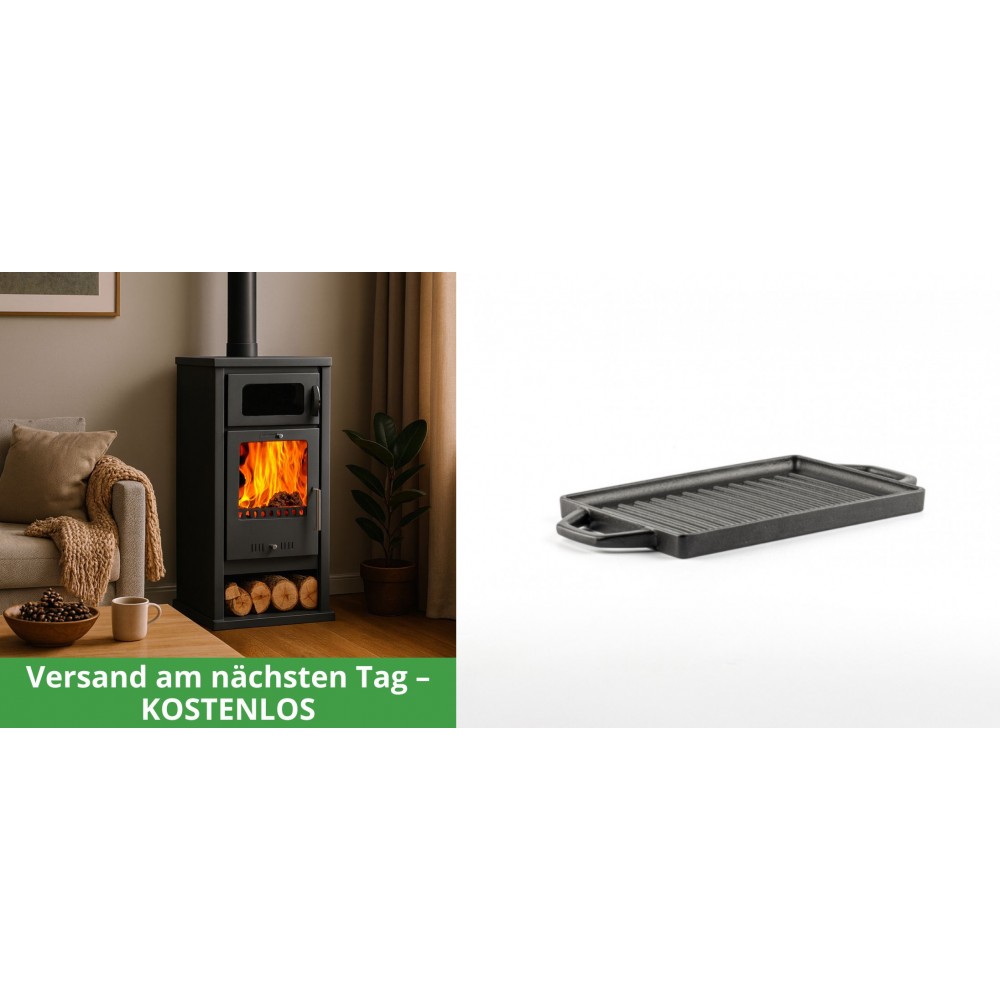 Set Kaminofen, Holzofen mit Backfach Balkan Energy, Modell Troy, Leistung 7.8kW + Mini-Grillplatte aus Gusseisen Solagio, 15.5x22.5cm