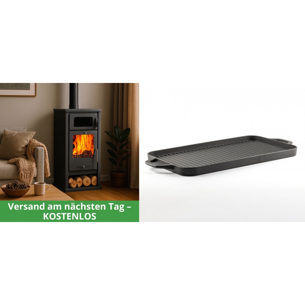 Set Kaminofen, Holzofen mit Backfach Balkan Energy, Modell Troy, Leistung 7.8kW + Große Grillplatte aus Gusseisen Solagio, 25x44cm