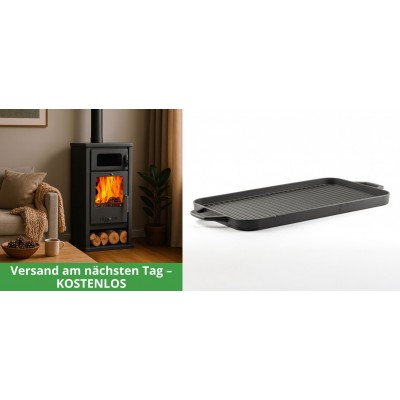 Set Kaminofen, Holzofen mit Backfach Balkan Energy, Modell Troy, Leistung 7.8kW + Große Grillplatte aus Gusseisen Solagio, 25x44cm - Kaminofen - Holzofen mit Backfach