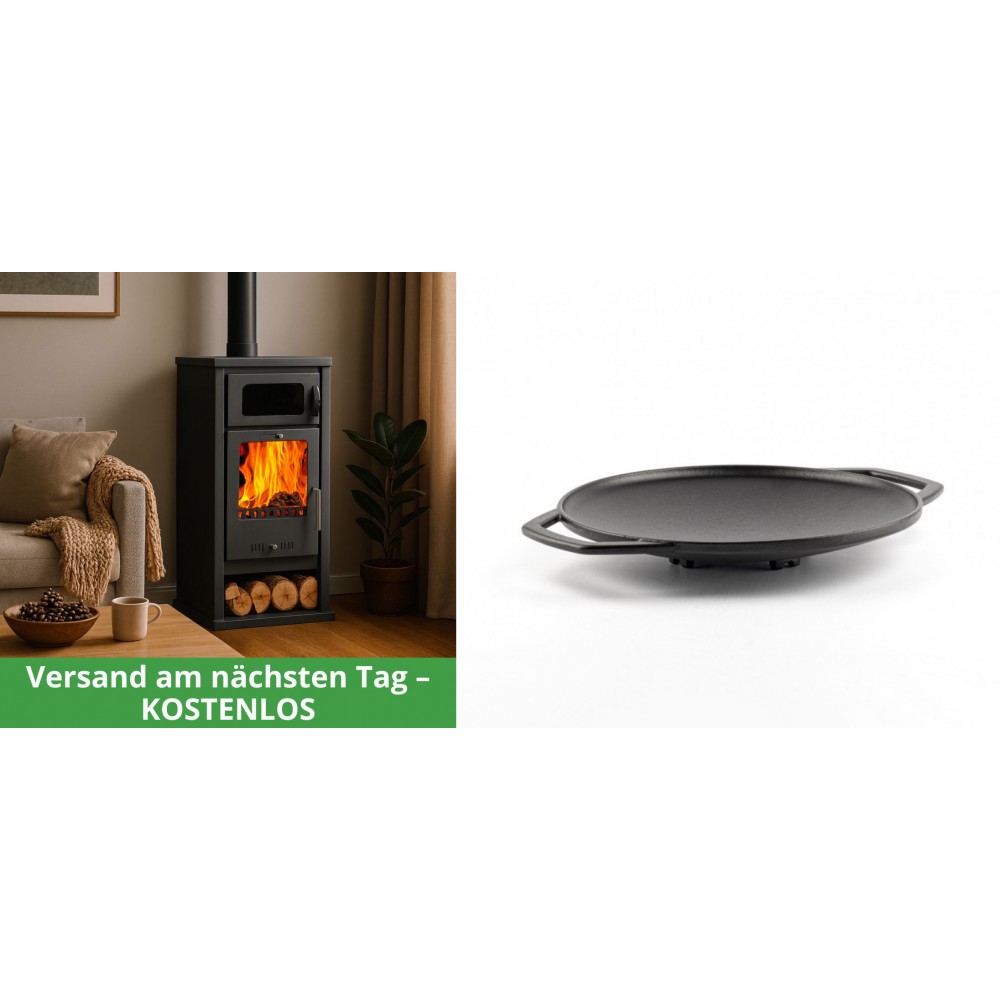 Set Kaminofen, Holzofen mit Backfach Balkan Energy, Modell Troy, Leistung 7.8kW + Backplatte aus Gusseisen Solagio, Ф28cm