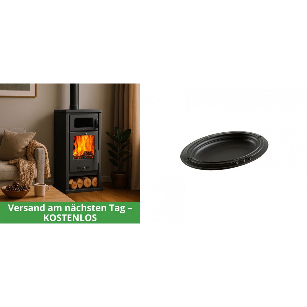 Set Kaminofen, Holzofen mit Backfach Balkan Energy, Modell Troy, Leistung 7.8kW + Gusseiserne auflaufform Solagio oval, 17x28cm | Holzofen | Kaminofen |