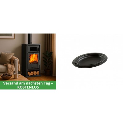 Set Kaminofen, Holzofen mit Backfach Balkan Energy, Modell Troy, Leistung 7.8kW + Gusseiserne auflaufform Solagio oval, 17x28cm - Kaminofen - Holzofen mit Backfach
