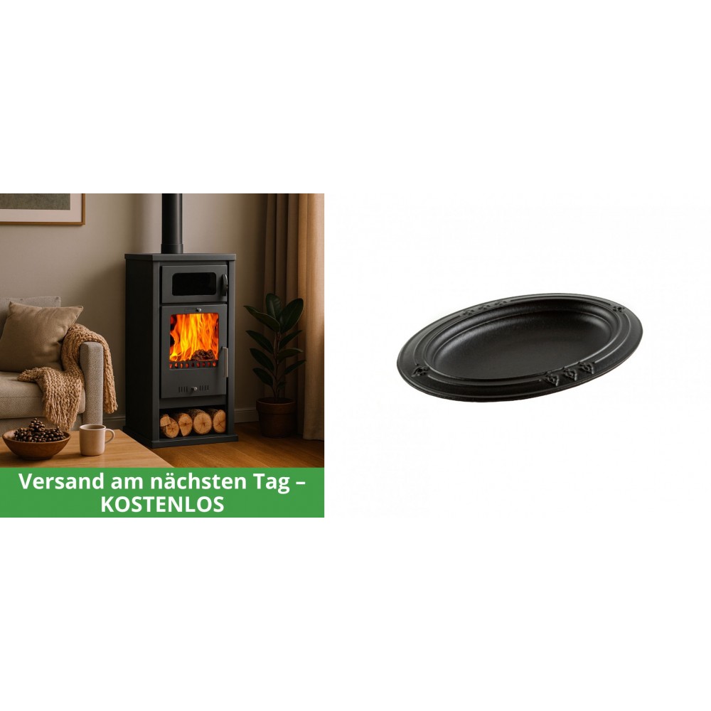 Set Kaminofen, Holzofen mit Backfach Balkan Energy, Modell Troy, Leistung 7.8kW + Gusseiserne auflaufform Solagio oval, 25x33cm | Holzofen | Kaminofen |