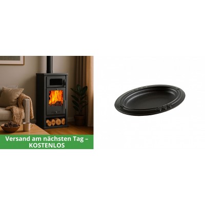 Set Kaminofen, Holzofen mit Backfach Balkan Energy, Modell Troy, Leistung 7.8kW + Gusseiserne auflaufform Solagio oval, 25x33cm - Kaminofen - Holzofen mit Backfach