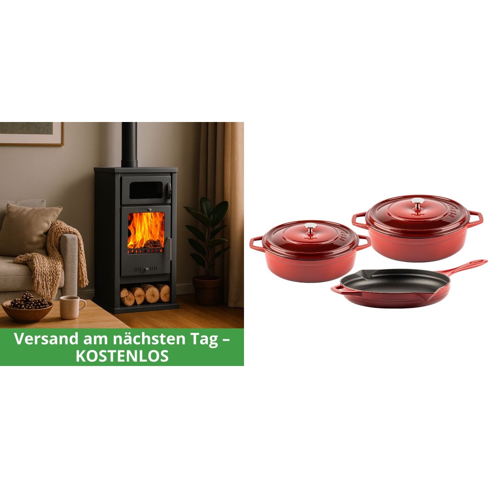 Set Kaminofen, Holzofen mit Backfach Balkan Energy, Modell Troy, Leistung 7.8kW + Gusseisen Topf Set aus 3 teilen Solagio, Rubin