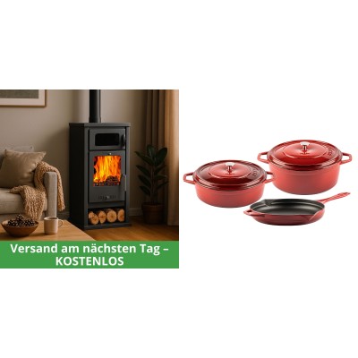 Set Kaminofen, Holzofen mit Backfach Balkan Energy, Modell Troy, Leistung 7.8kW + Gusseisen Topf Set aus 3 teilen Solagio, Rubin - Kaminofen - Holzofen mit Backfach