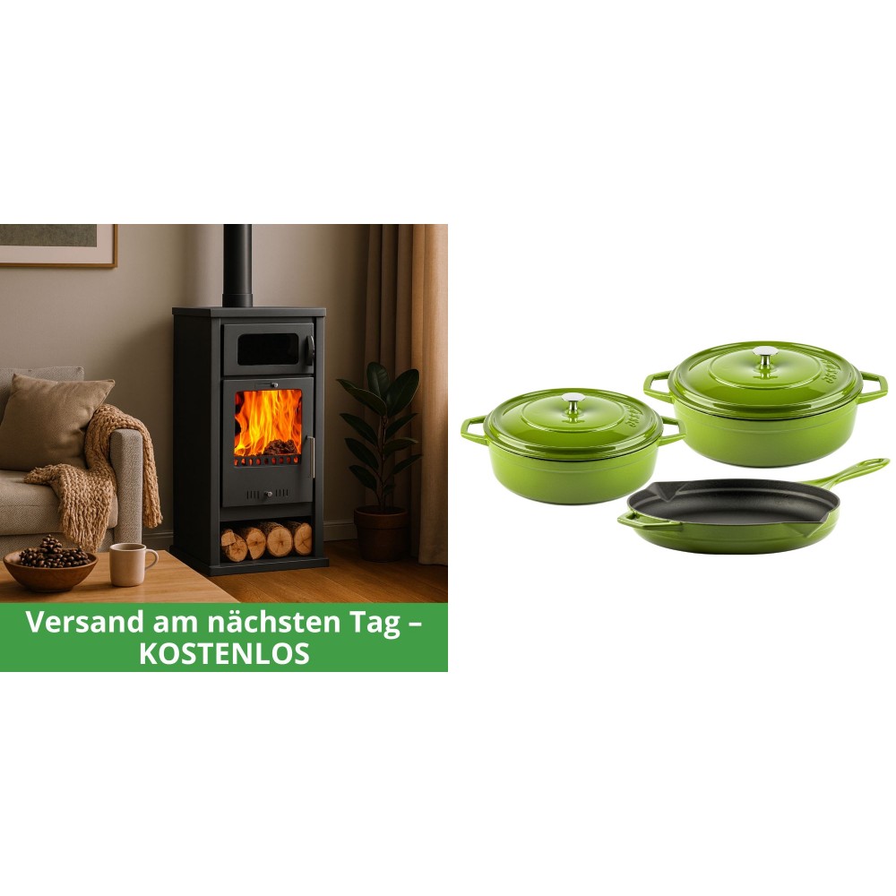 Set Kaminofen, Holzofen mit Backfach Balkan Energy, Modell Troy, Leistung 7.8kW + Gusseisen Topf Set aus 3 teilen Solagio, Bamboo