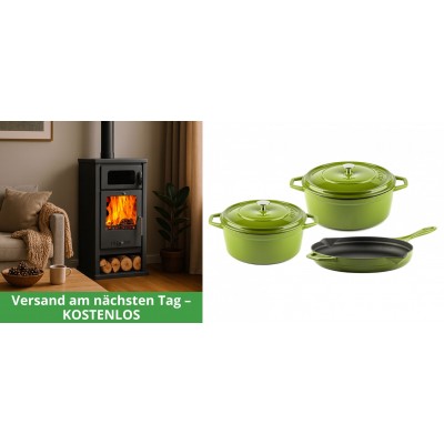 Set Kaminofen, Holzofen mit Backfach Balkan Energy, Modell Troy, Leistung 7.8kW + Gusseisen Topf Set aus 3 teilen Solagio, Bamboo - Kaminofen - Holzofen mit Backfach