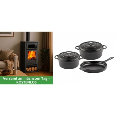 Set Kaminofen, Holzofen mit Backfach Balkan Energy, Modell Troy, Leistung 7.8kW + Gusseisen Topf Set aus 3 teilen Solagio, Black Onyx - Kaminofen - Holzofen mit Backfach