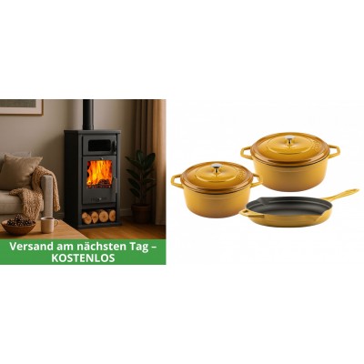 Set Kaminofen, Holzofen mit Backfach Balkan Energy, Modell Troy, Leistung 7.8kW + Gusseisen Topf Set aus 3 teilen Solagio, Dijon - Kaminofen - Holzofen mit Backfach