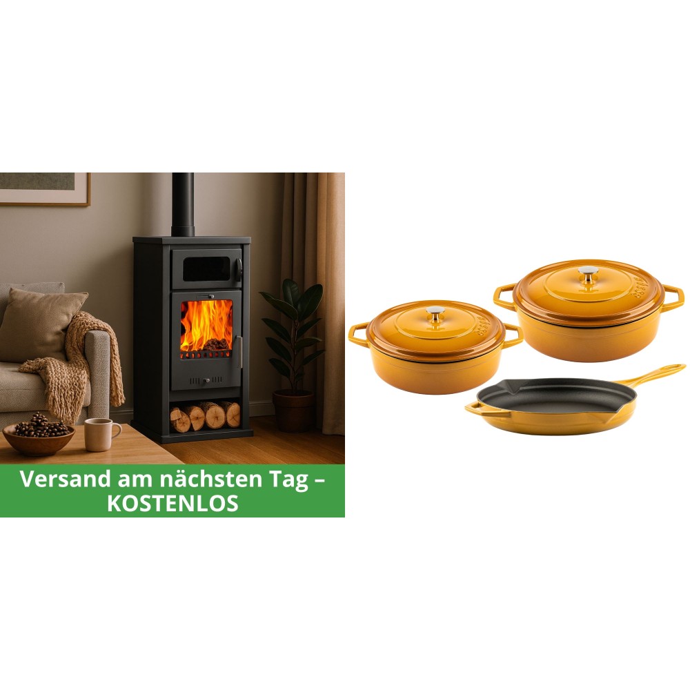 Set Kaminofen, Holzofen mit Backfach Balkan Energy, Modell Troy, Leistung 7.8kW + Gusseisen Topf Set aus 3 teilen Solagio, Dijon