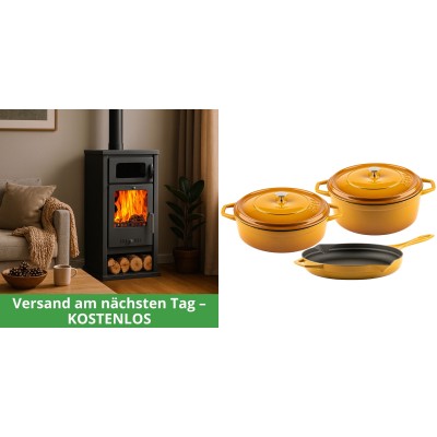 Set Kaminofen, Holzofen mit Backfach Balkan Energy, Modell Troy, Leistung 7.8kW + Gusseisen Topf Set aus 3 teilen Solagio, Dijon - Kaminofen - Holzofen mit Backfach
