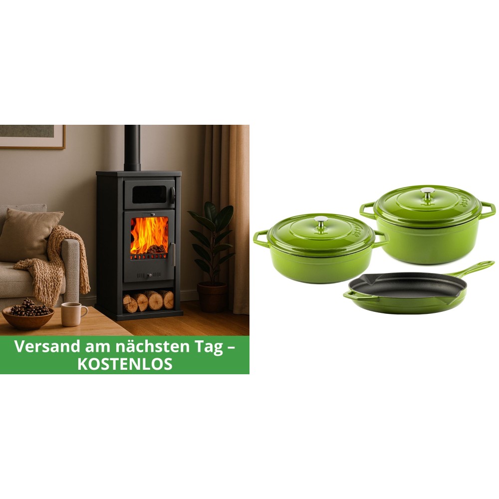 Set Kaminofen, Holzofen mit Backfach Balkan Energy, Modell Troy, Leistung 7.8kW + Gusseisen Topf Set aus 3 teilen Solagio, Bamboo
