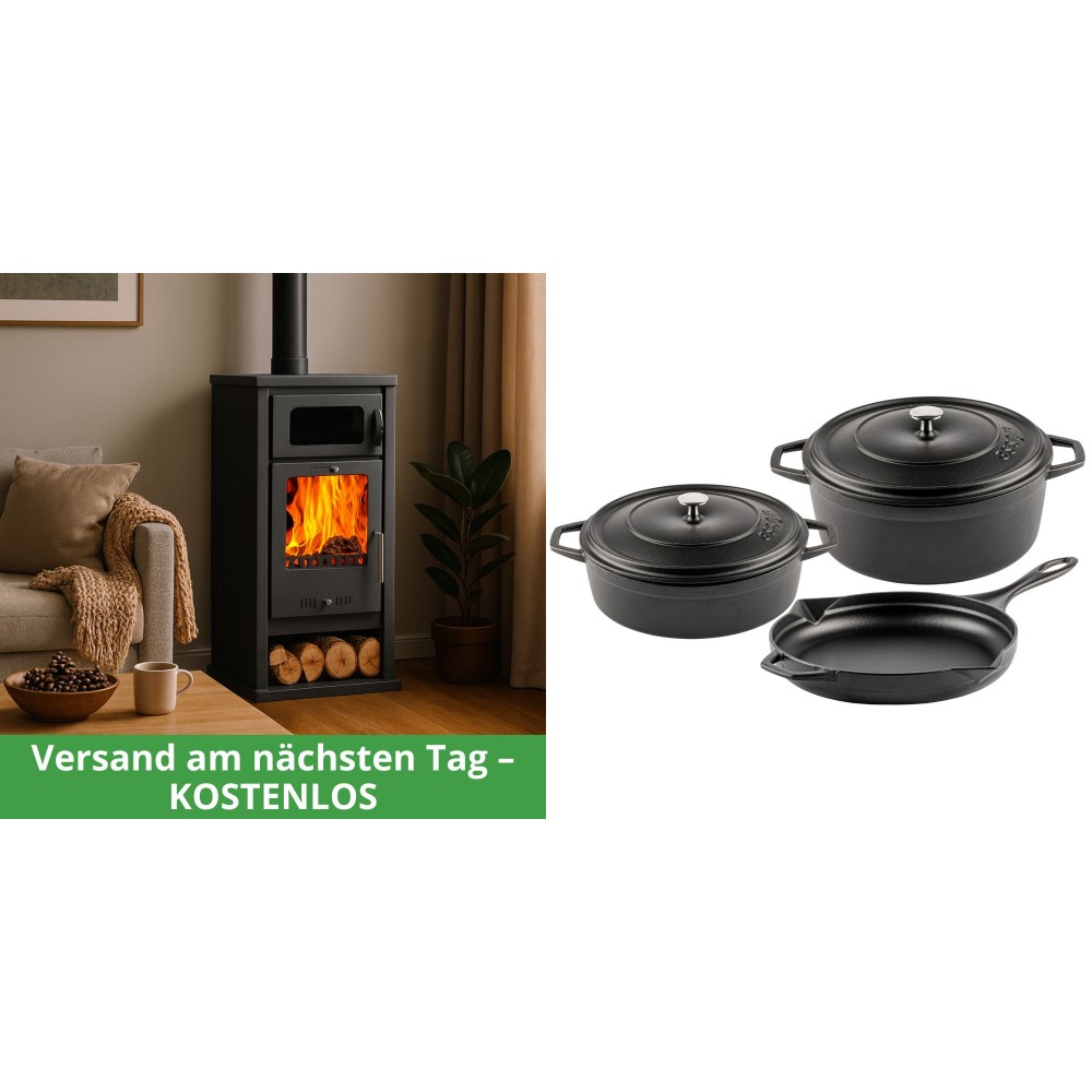 Set Kaminofen, Holzofen mit Backfach Balkan Energy, Modell Troy, Leistung 7.8kW + Gusseisen Topf Set aus 3 teilen Solagio, Black Onyx