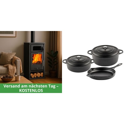 Set Kaminofen, Holzofen mit Backfach Balkan Energy, Modell Troy, Leistung 7.8kW + Gusseisen Topf Set aus 3 teilen Solagio, Black Onyx - Kaminofen - Holzofen mit Backfach