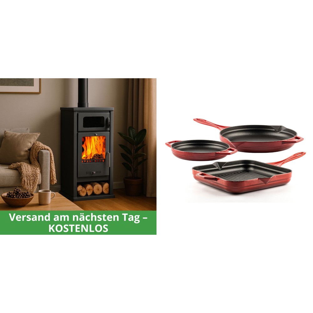 Set Kaminofen, Holzofen mit Backfach Balkan Energy, Modell Troy, Leistung 7.8kW + Gusseisen Topf Set aus 3 teilen Solagio, Rubin