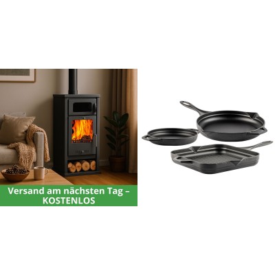 Set Kaminofen, Holzofen mit Backfach Balkan Energy, Modell Troy, Leistung 7.8kW + Gusseisen Topf Set aus 3 teilen Solagio, Black Onyx - Kaminofen - Holzofen mit Backfach