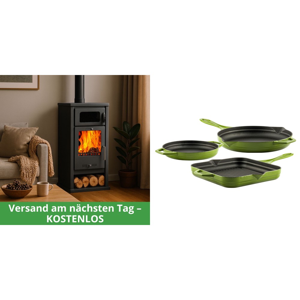 Set Kaminofen, Holzofen mit Backfach Balkan Energy, Modell Troy, Leistung 7.8kW + Gusseisen Topf Set aus 3 teilen Solagio, Bamboo