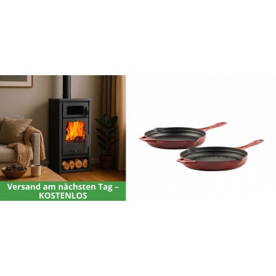 Set Kaminofen, Holzofen mit Backfach Balkan Energy, Modell Troy, Leistung 7.8kW + Gusseisen Topf Set aus 2 teilen Solagio, Rubin - Kaminofen - Holzofen mit Backfach