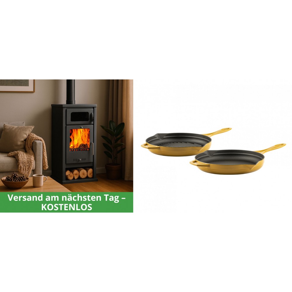 Set Kaminofen, Holzofen mit Backfach Balkan Energy, Modell Troy, Leistung 7.8kW + Gusseisen Topf Set aus 2 teilen Solagio, Dijon