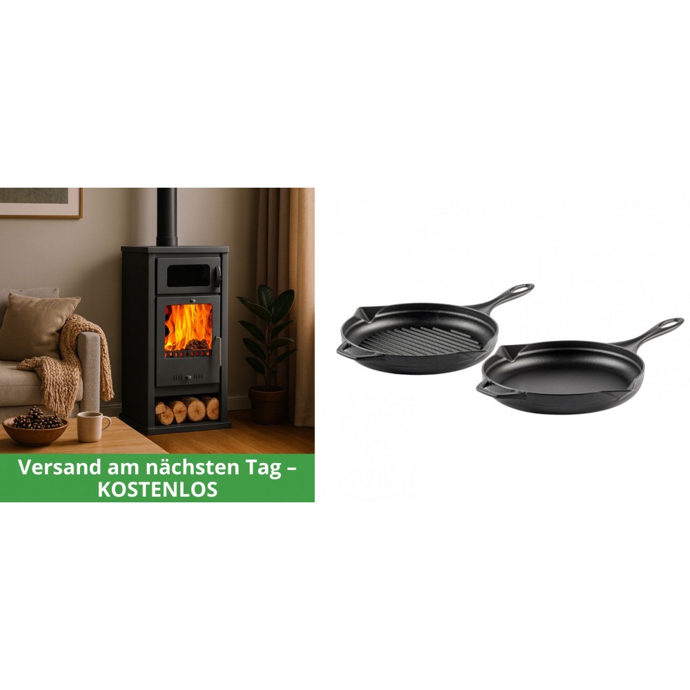 Set Kaminofen, Holzofen mit Backfach Balkan Energy, Modell Troy, Leistung 7.8kW + Gusseisen Topf Set aus 2 teilen Solagio, Black Onyx