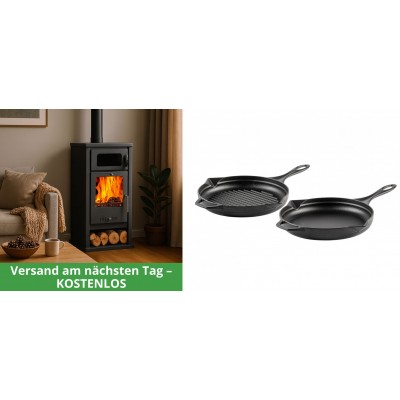 Set Kaminofen, Holzofen mit Backfach Balkan Energy, Modell Troy, Leistung 7.8kW + Gusseisen Topf Set aus 2 teilen Solagio, Black Onyx - Kaminofen - Holzofen mit Backfach