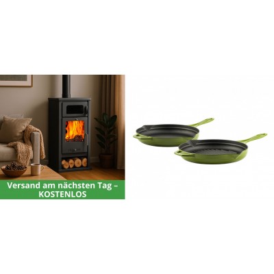 Set Kaminofen, Holzofen mit Backfach Balkan Energy, Modell Troy, Leistung 7.8kW + Gusseisen Topf Set aus 2 teilen Solagio, Bamboo - Kaminofen - Holzofen mit Backfach