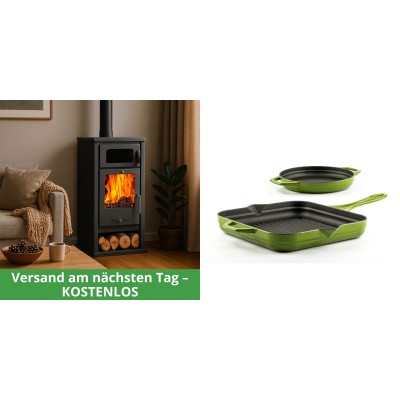 Set Kaminofen, Holzofen mit Backfach Balkan Energy, Modell Troy, Leistung 7.8kW + Gusseisen Topf Set aus 2 teilen Solagio, Bamboo - Kaminofen - Holzofen mit Backfach