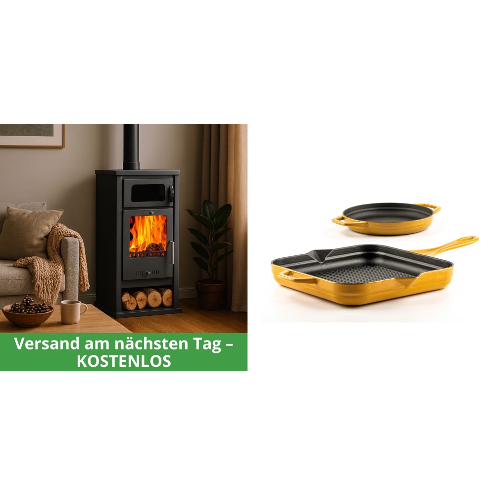 Set Kaminofen, Holzofen mit Backfach Balkan Energy, Modell Troy, Leistung 7.8kW + Gusseisen Topf Set aus 2 teilen Solagio, Dijon