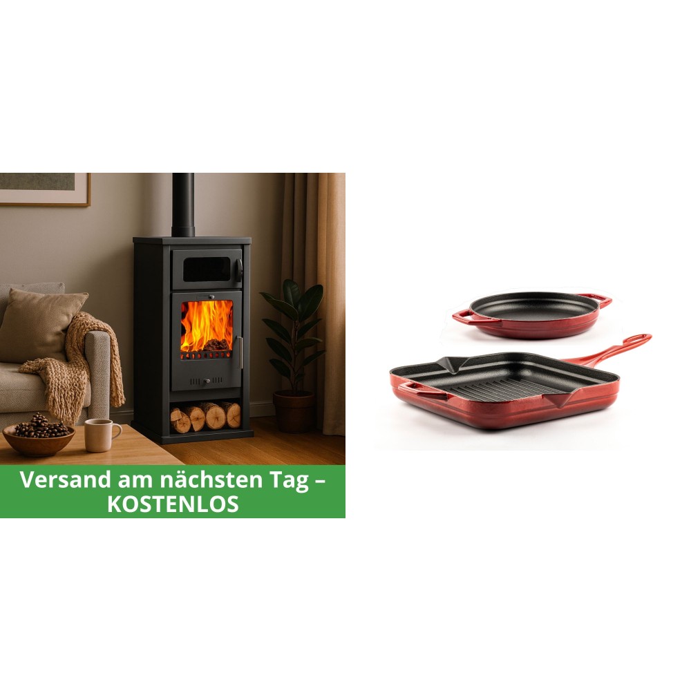 Set Kaminofen, Holzofen mit Backfach Balkan Energy, Modell Troy, Leistung 7.8kW + Gusseisen Topf Set aus 2 teilen Solagio, Rubin | Holzofen | Kaminofen |