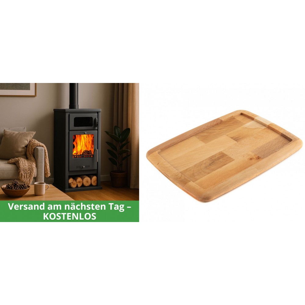 Set Kaminofen, Holzofen mit Backfach Balkan Energy, Modell Troy, Leistung 7.8kW + Holz untersetzer für gusseisenplatte Solagio HSST2131
