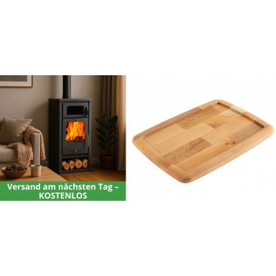 Set Kaminofen, Holzofen mit Backfach Balkan Energy, Modell Troy, Leistung 7.8kW + Holz untersetzer für gusseisenplatte Solagio HSST2131 - Kaminofen - Holzofen mit Backfach