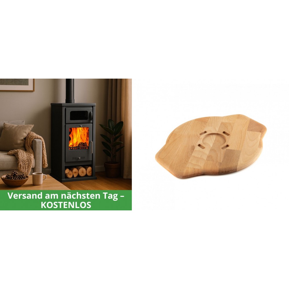 Set Kaminofen, Holzofen mit Backfach Balkan Energy, Modell Troy, Leistung 7.8kW + Holz untersetzer für Gusseisenplatte Solagio HSYSAK28