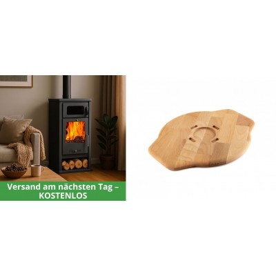 Set Kaminofen, Holzofen mit Backfach Balkan Energy, Modell Troy, Leistung 7.8kW + Holz untersetzer für Gusseisenplatte Solagio HSYSAK28 - Kaminofen - Holzofen mit Backfach