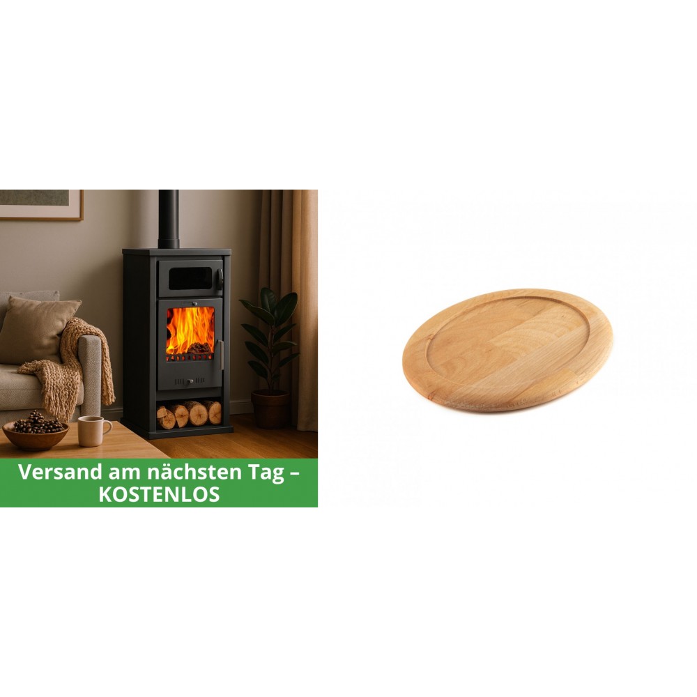Set Kaminofen, Holzofen mit Backfach Balkan Energy, Modell Troy, Leistung 7.8kW + Holz untersetzer für ovale gusseisenpfanne Solagio HSFT1825 | Holzofen | Kaminofen |