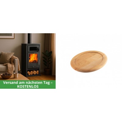 Set Kaminofen, Holzofen mit Backfach Balkan Energy, Modell Troy, Leistung 7.8kW + Holz untersetzer für ovale gusseisenpfanne Solagio HSFT1825 - Kaminofen - Holzofen mit Backfach