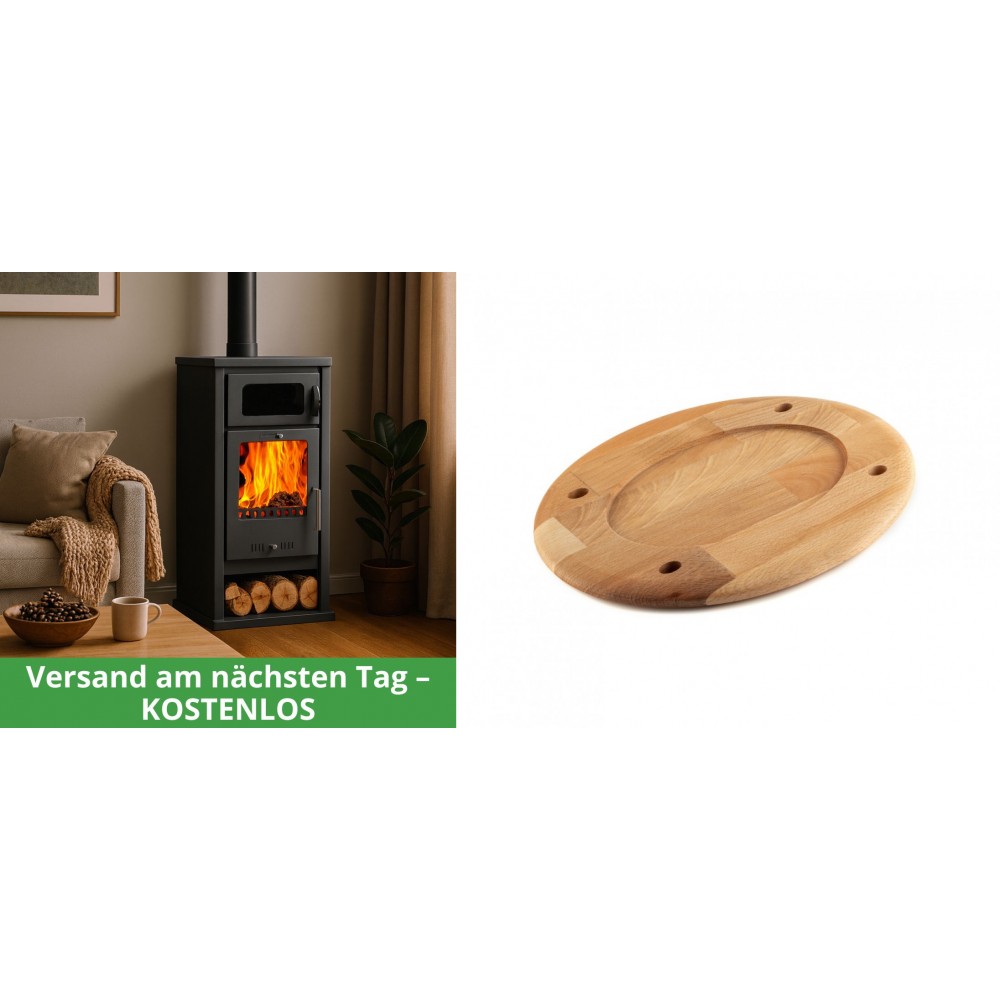 Set Kaminofen, Holzofen mit Backfach Balkan Energy, Modell Troy, Leistung 7.8kW + Holz untersetzer für ovale platte Solagio HSOISK2533, 25x33cm | Holzofen | Kaminofen |
