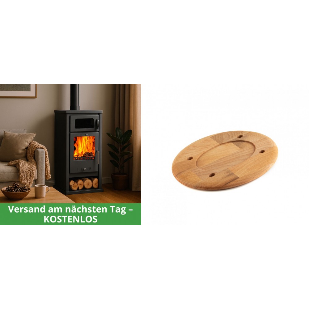 Set Kaminofen, Holzofen mit Backfach Balkan Energy, Modell Troy, Leistung 7.8kW + Holz untersetzer für ovale platte Solagio HSOISK1728, 17x28cm | Holzofen | Kaminofen |
