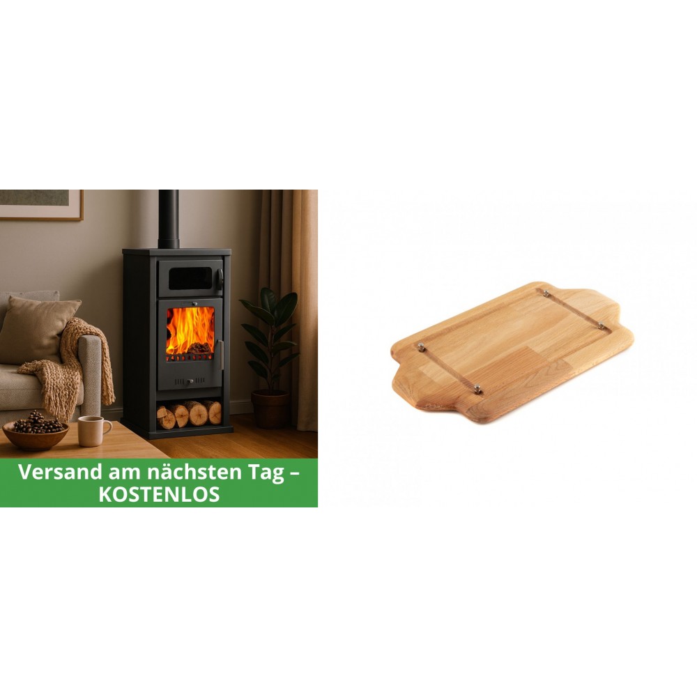 Set Kaminofen, Holzofen mit Backfach Balkan Energy, Modell Troy, Leistung 7.8kW + Holz untersetzer für mini-gusseisenplatte Solagio HSDDHP1522