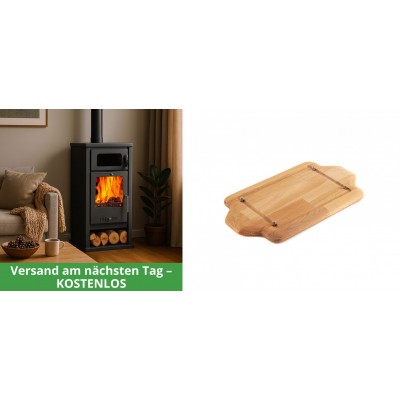 Set Kaminofen, Holzofen mit Backfach Balkan Energy, Modell Troy, Leistung 7.8kW + Holz untersetzer für mini-gusseisenplatte Solagio HSDDHP1522 - Kaminofen - Holzofen mit Backfach