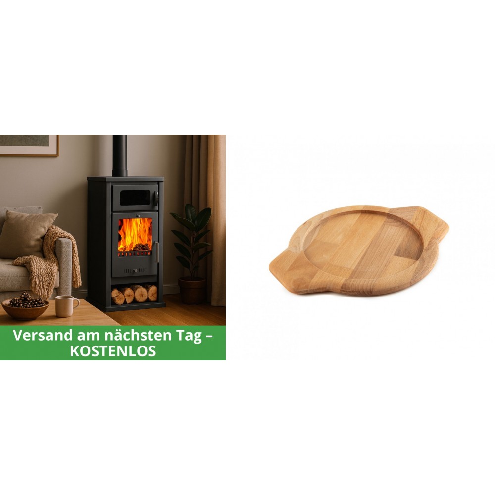 Set Kaminofen, Holzofen mit Backfach Balkan Energy, Modell Troy, Leistung 7.8kW + Holz untersetzer für gusseisenschüssel Solagio HSYKTV22 | Holzofen | Kaminofen |