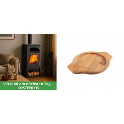 Set Kaminofen, Holzofen mit Backfach Balkan Energy, Modell Troy, Leistung 7.8kW + Holz untersetzer für gusseisenschüssel Solagio HSYKTV22 - Kaminofen - Holzofen mit Backfach