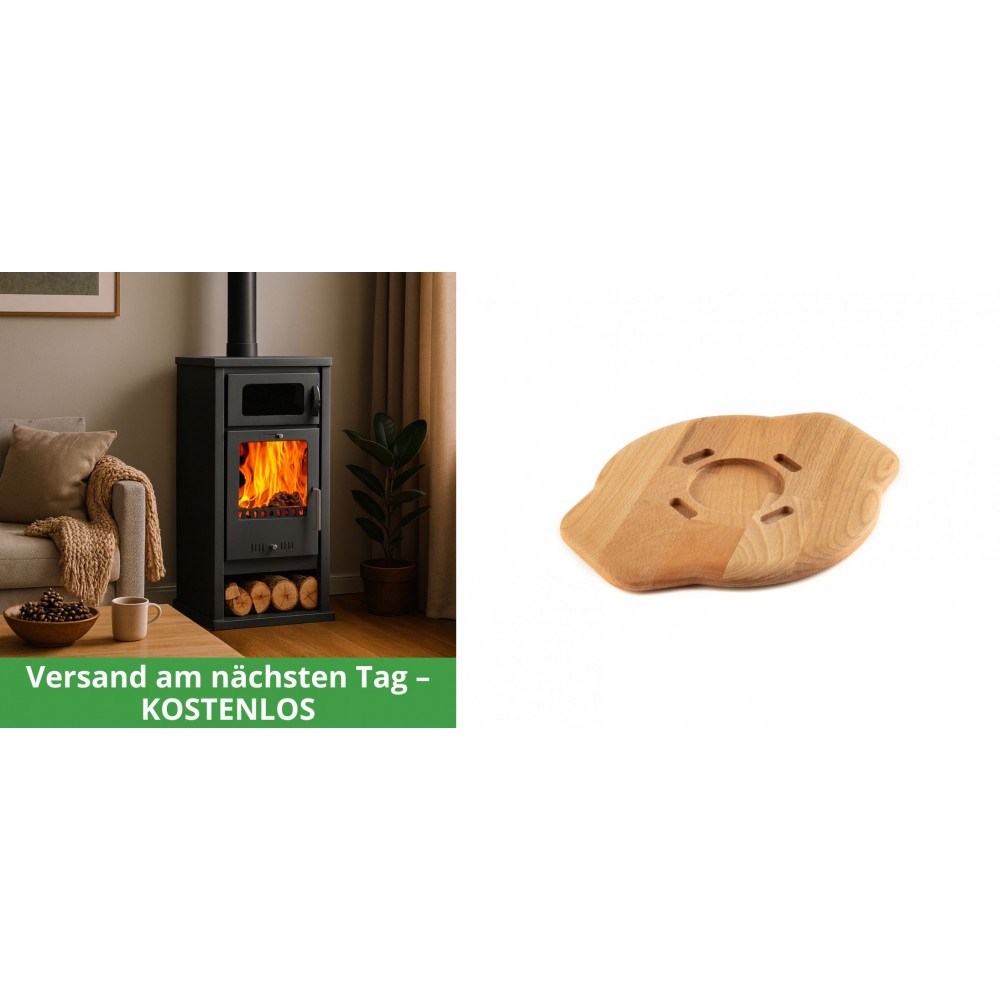 Set Kaminofen, Holzofen mit Backfach Balkan Energy, Modell Troy, Leistung 7.8kW + Holz untersetzer für gusseisenplatte Solagio HSYSAK20